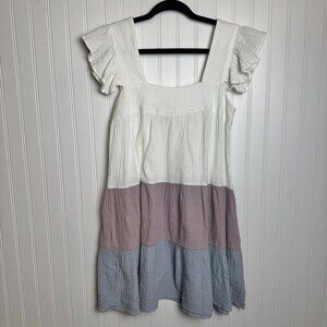 Entro Colorblock Gauze Square Neck Ruffle Sleeve Dress I9